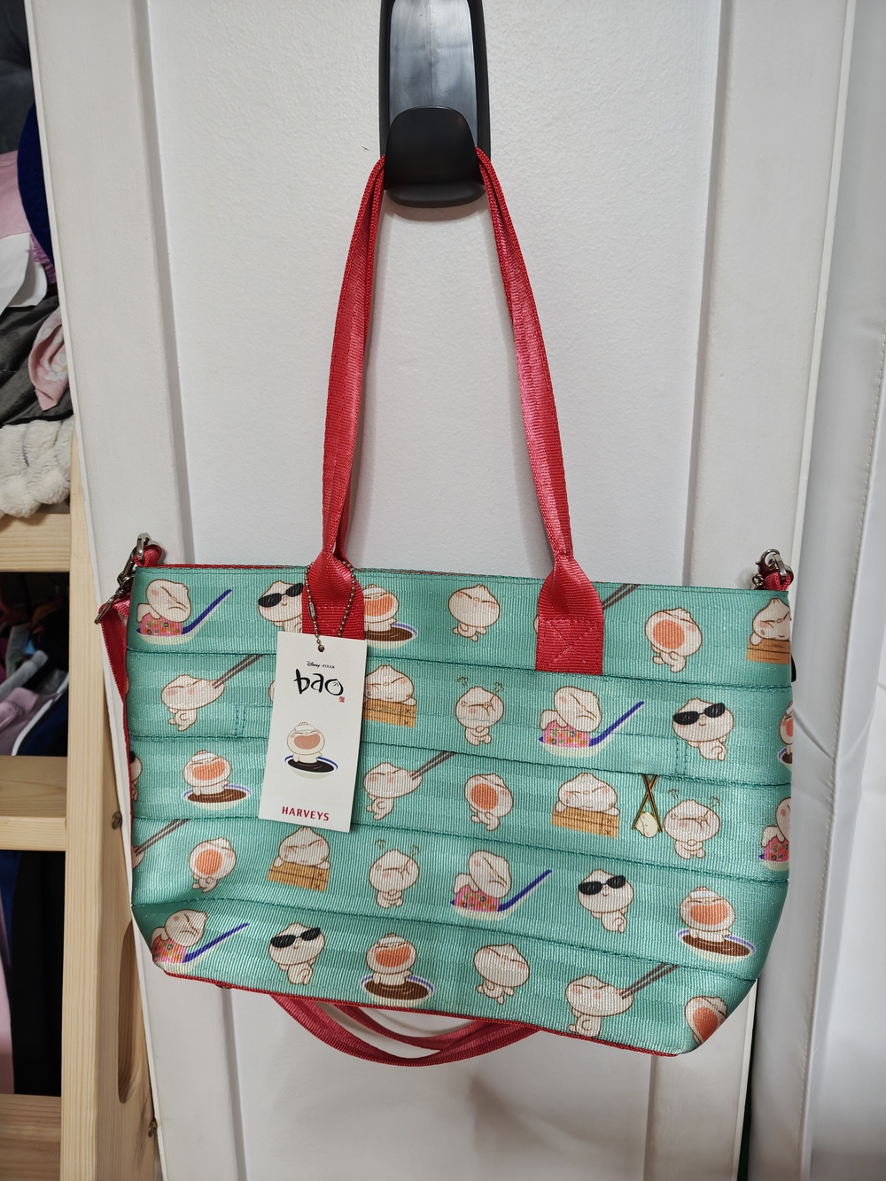 Harveys Disney Pixar Bao Green Patterned Tote with Coral Straps